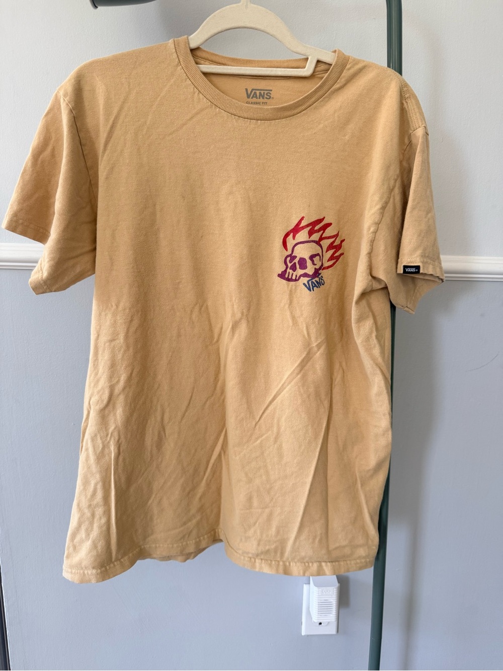 Vans Tan Tee with Red Flame Skull Graphic